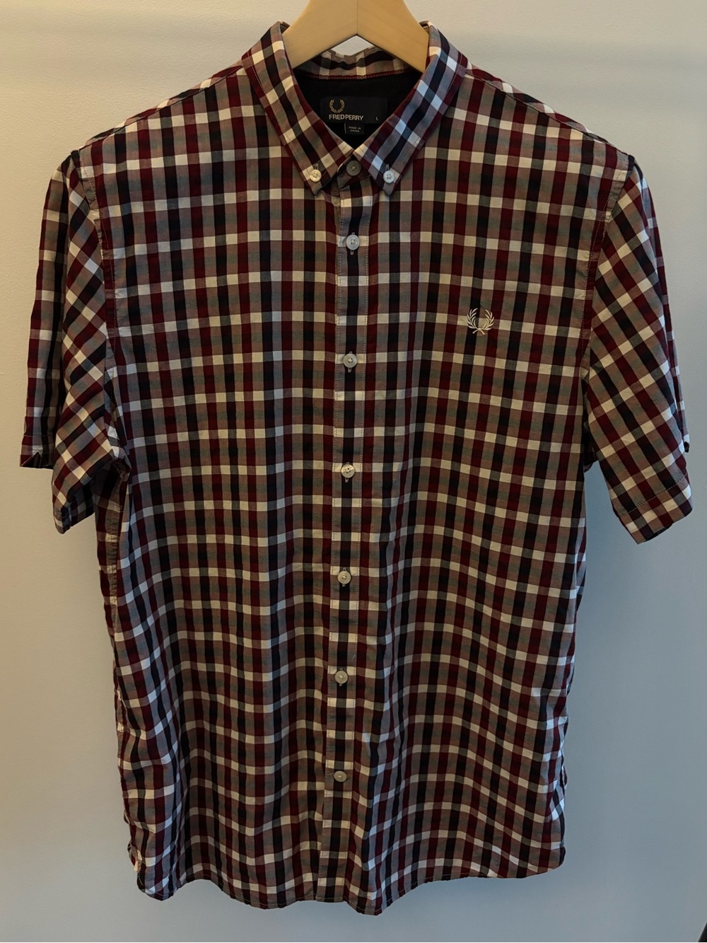 Fred Perry Men's Short-Sleeve Plaid Button-Down Shirt - Burgundy, White, Navy